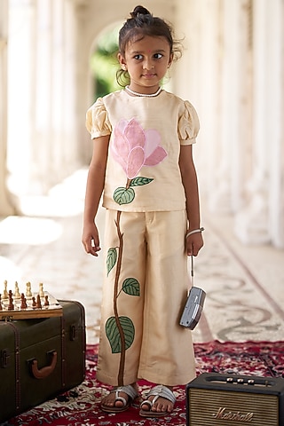 Beige Silk Co-Ord Set For Girls by funny bones clothings