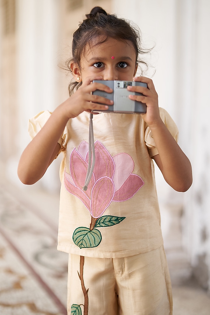 Beige Silk Co-Ord Set For Girls by FUNNY BONES CLOTHINGS at Pernia's Pop Up Shop