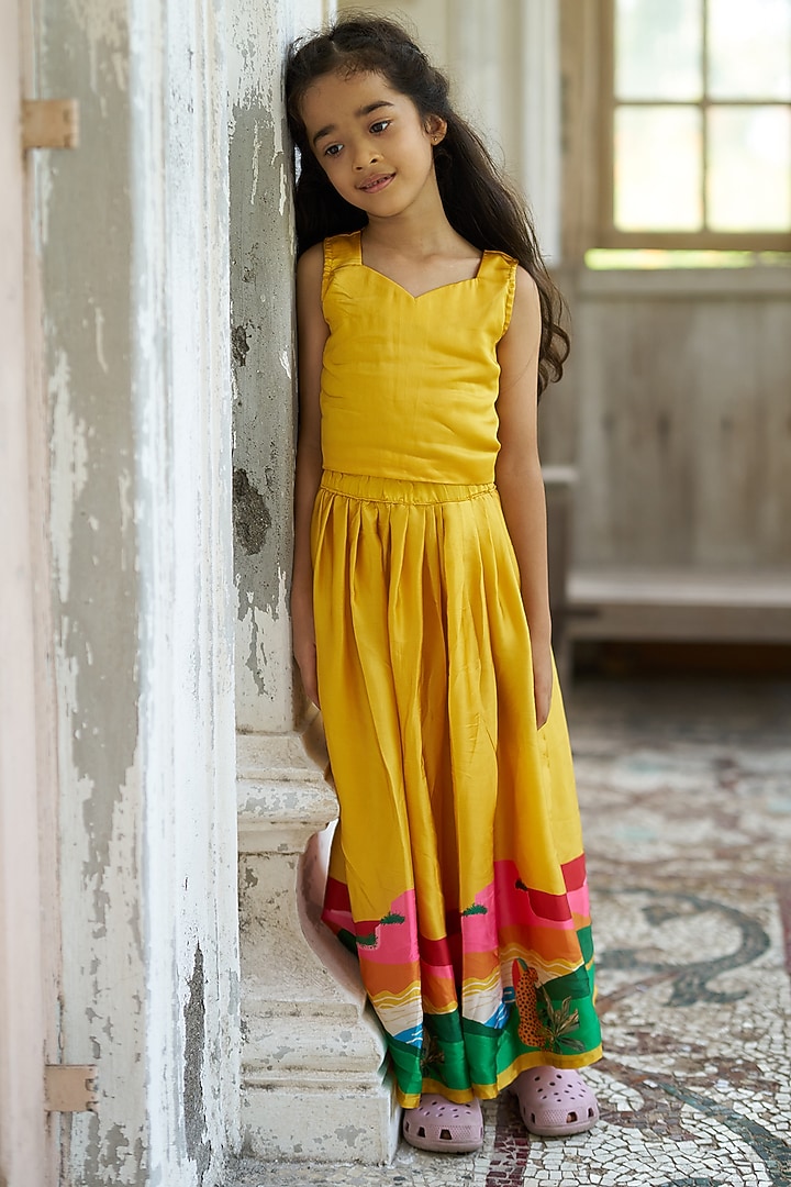 Yellow Pure Satin Silk Skirt Set For Girls by FUNNY BONES CLOTHINGS at Pernia's Pop Up Shop