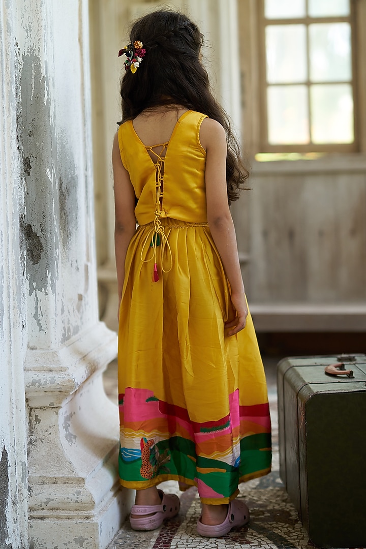 Yellow Pure Satin Silk Skirt Set For Girls by FUNNY BONES CLOTHINGS at Pernia's Pop Up Shop