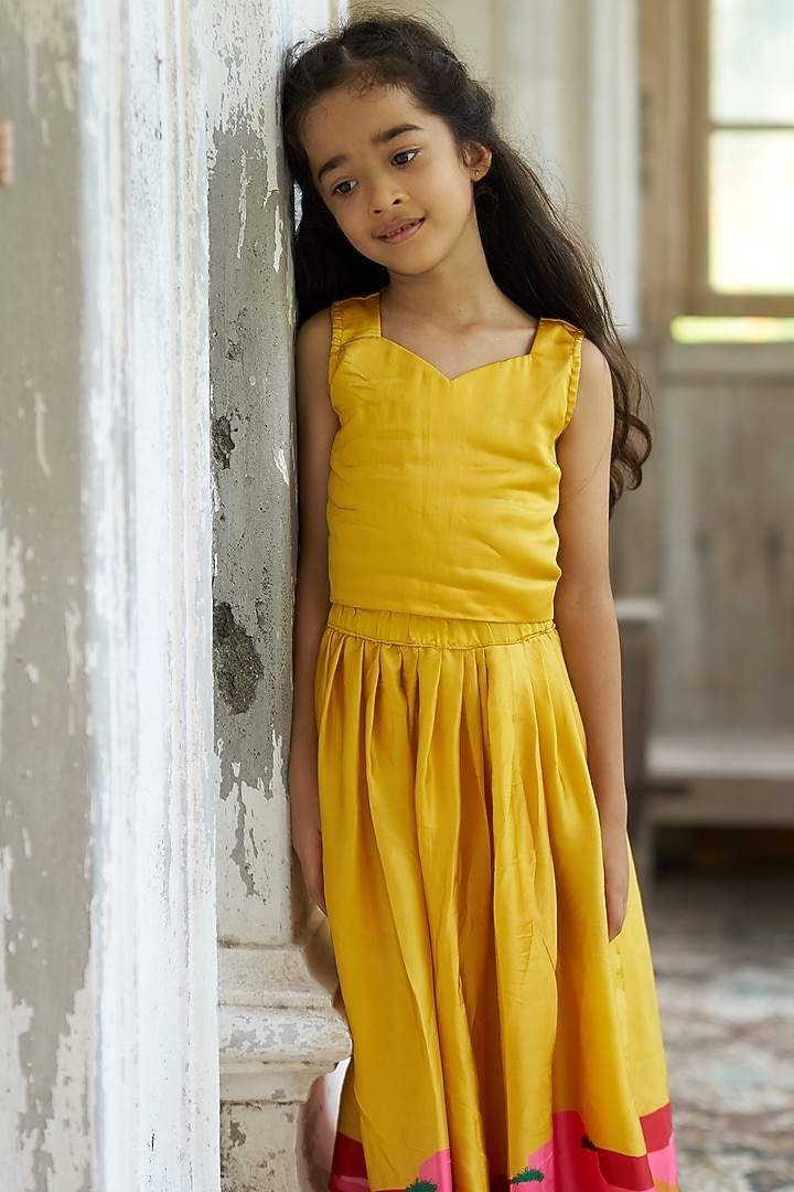 Yellow Pure Satin Silk Skirt Set For Girls by FUNNY BONES CLOTHINGS at Pernia's Pop Up Shop
