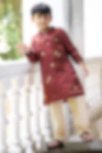 Brown Pure Silk Hand Embroidered Kurta Set For Boys by FUNNY BONES CLOTHINGS at Pernia's Pop Up Shop