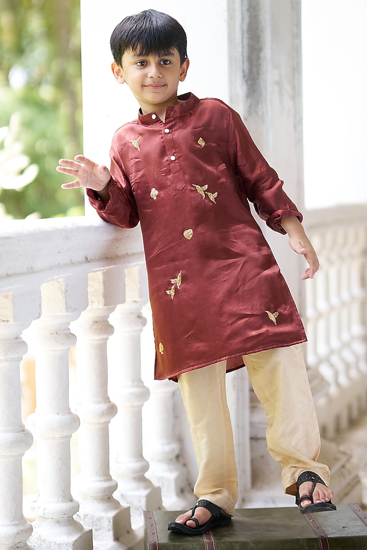 Brown Pure Silk Hand Embroidered Kurta Set For Boys by FUNNY BONES CLOTHINGS at Pernia's Pop Up Shop