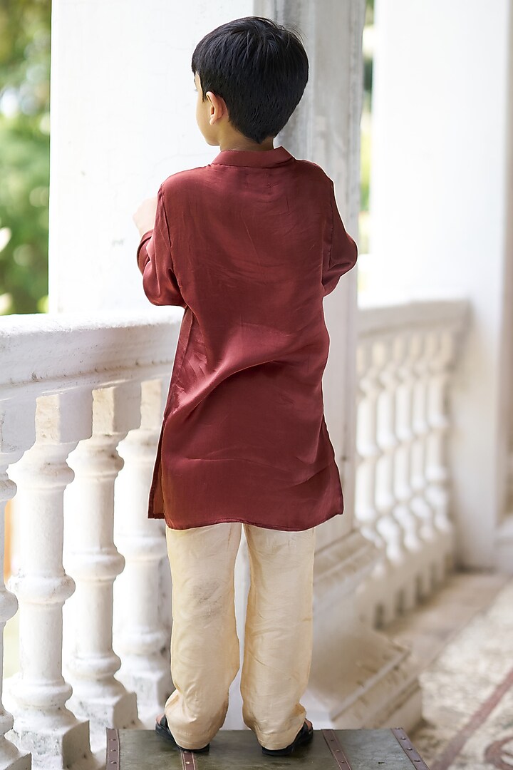 Brown Pure Silk Hand Embroidered Kurta Set For Boys by FUNNY BONES CLOTHINGS at Pernia's Pop Up Shop