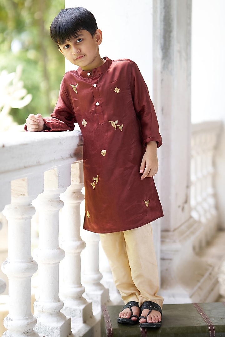Brown Pure Silk Hand Embroidered Kurta Set For Boys by FUNNY BONES CLOTHINGS at Pernia's Pop Up Shop