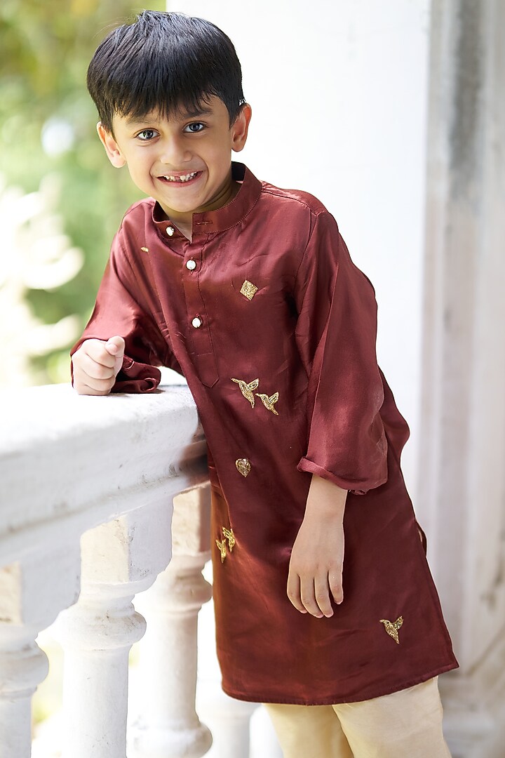 Brown Pure Silk Hand Embroidered Kurta Set For Boys by FUNNY BONES CLOTHINGS at Pernia's Pop Up Shop