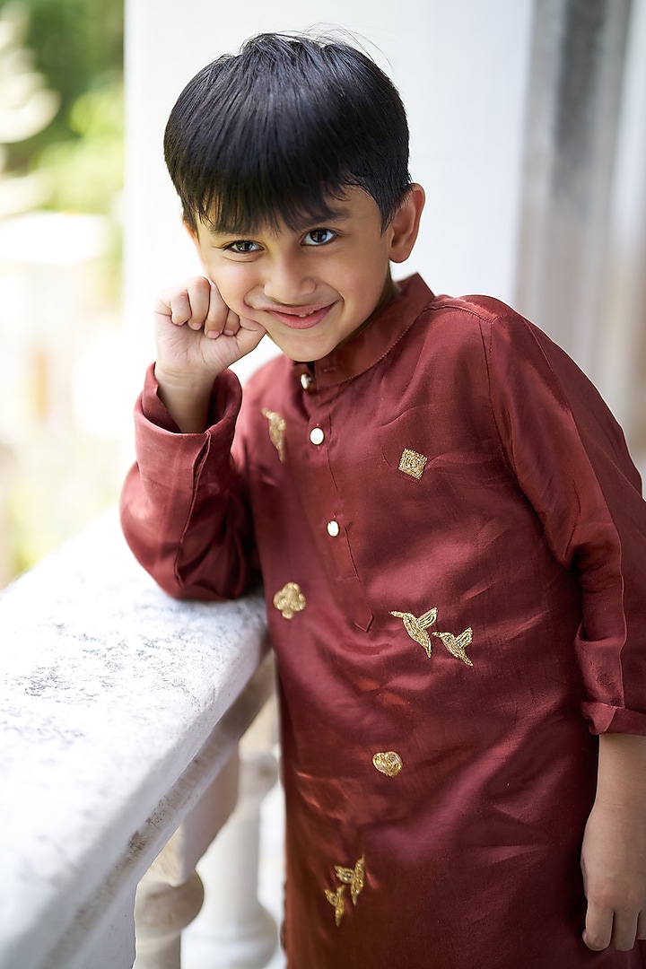 Brown Pure Silk Hand Embroidered Kurta Set For Boys by FUNNY BONES CLOTHINGS at Pernia's Pop Up Shop