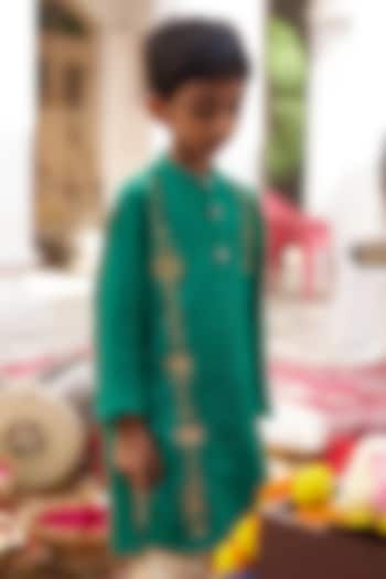 Green Pure Silk Kurta Set For Boys by FUNNY BONES CLOTHINGS at Pernia's Pop Up Shop