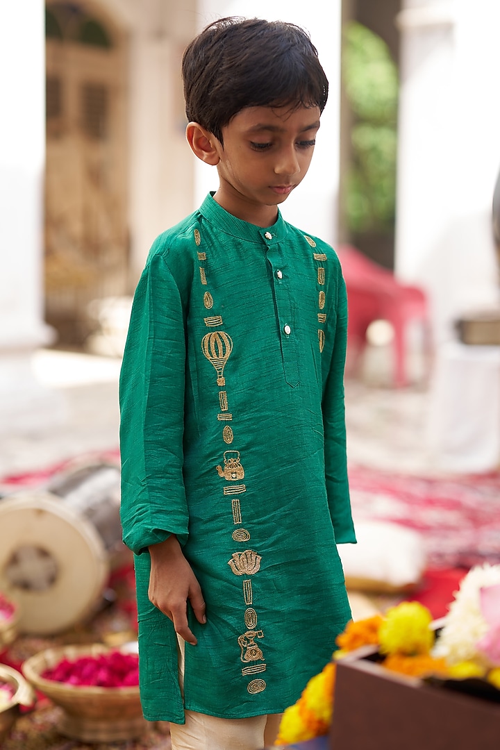 Green Pure Silk Kurta Set For Boys by FUNNY BONES CLOTHINGS at Pernia's Pop Up Shop