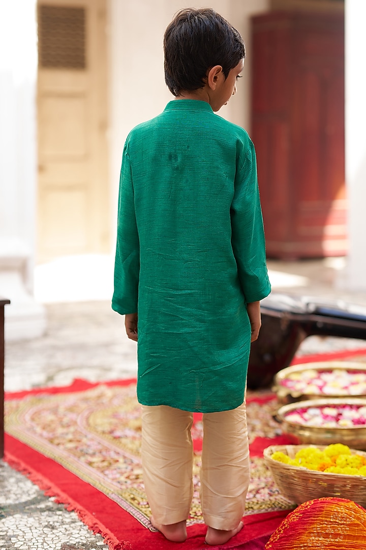 Green Pure Silk Kurta Set For Boys by FUNNY BONES CLOTHINGS at Pernia's Pop Up Shop