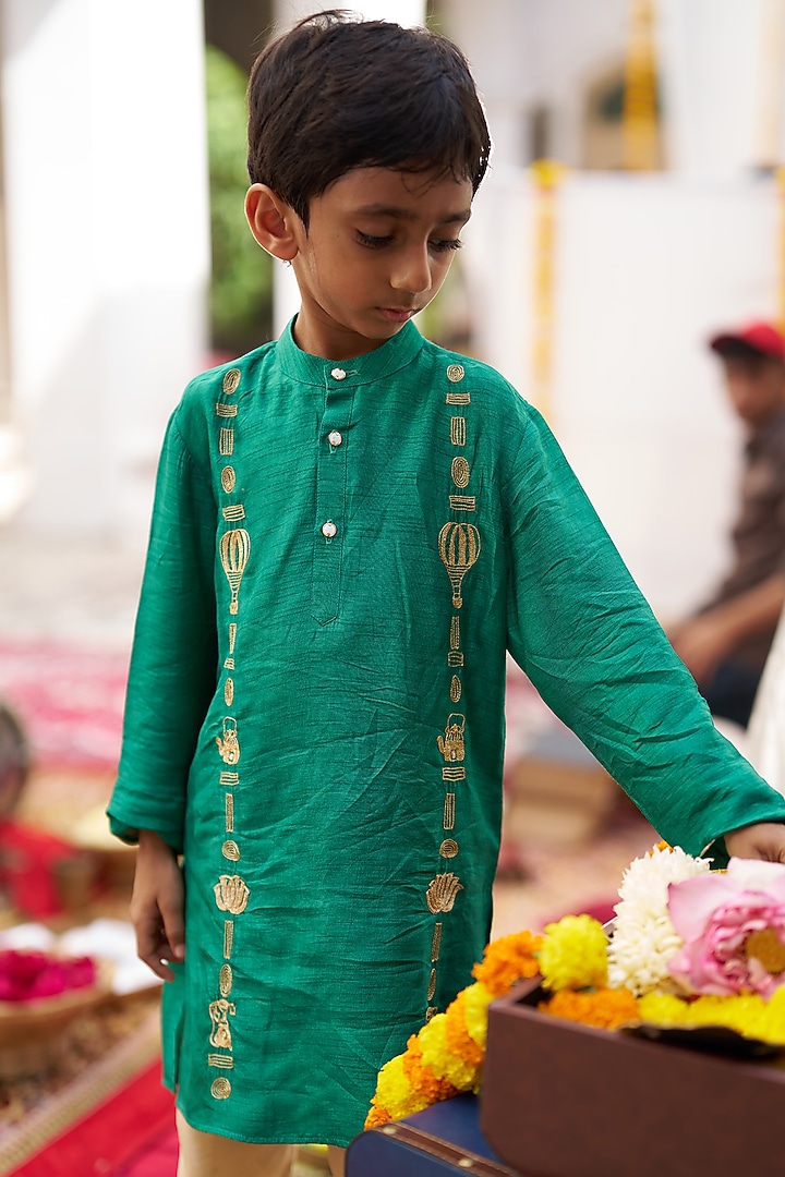 Green Pure Silk Kurta Set For Boys by FUNNY BONES CLOTHINGS at Pernia's Pop Up Shop