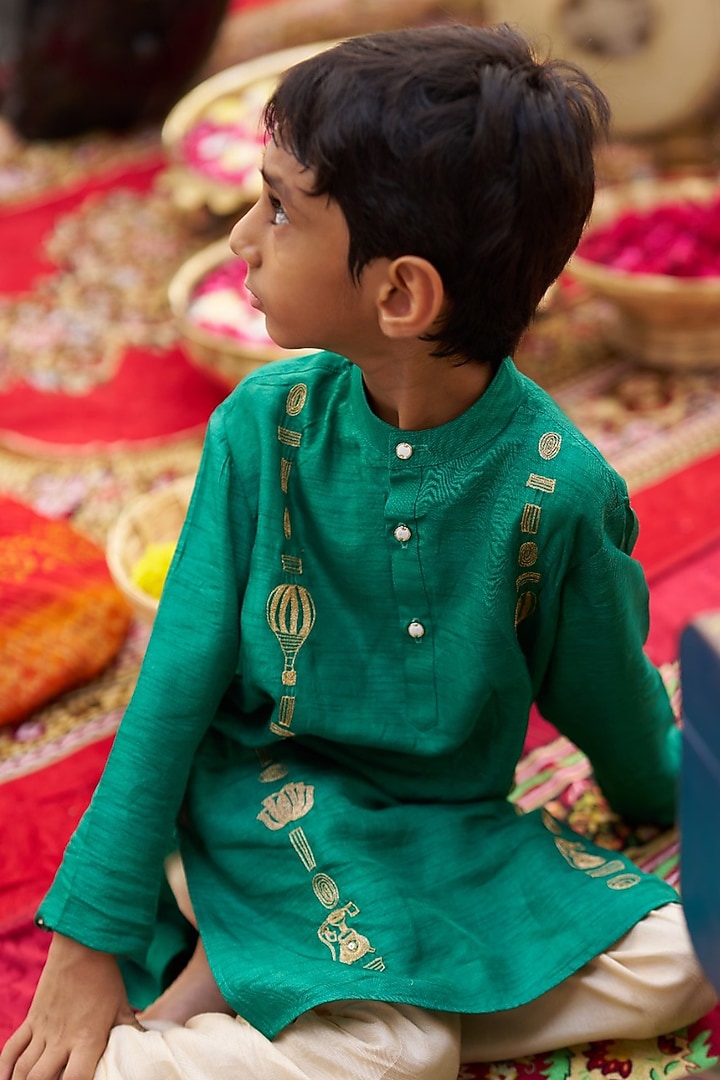 Green Pure Silk Kurta Set For Boys by FUNNY BONES CLOTHINGS at Pernia's Pop Up Shop