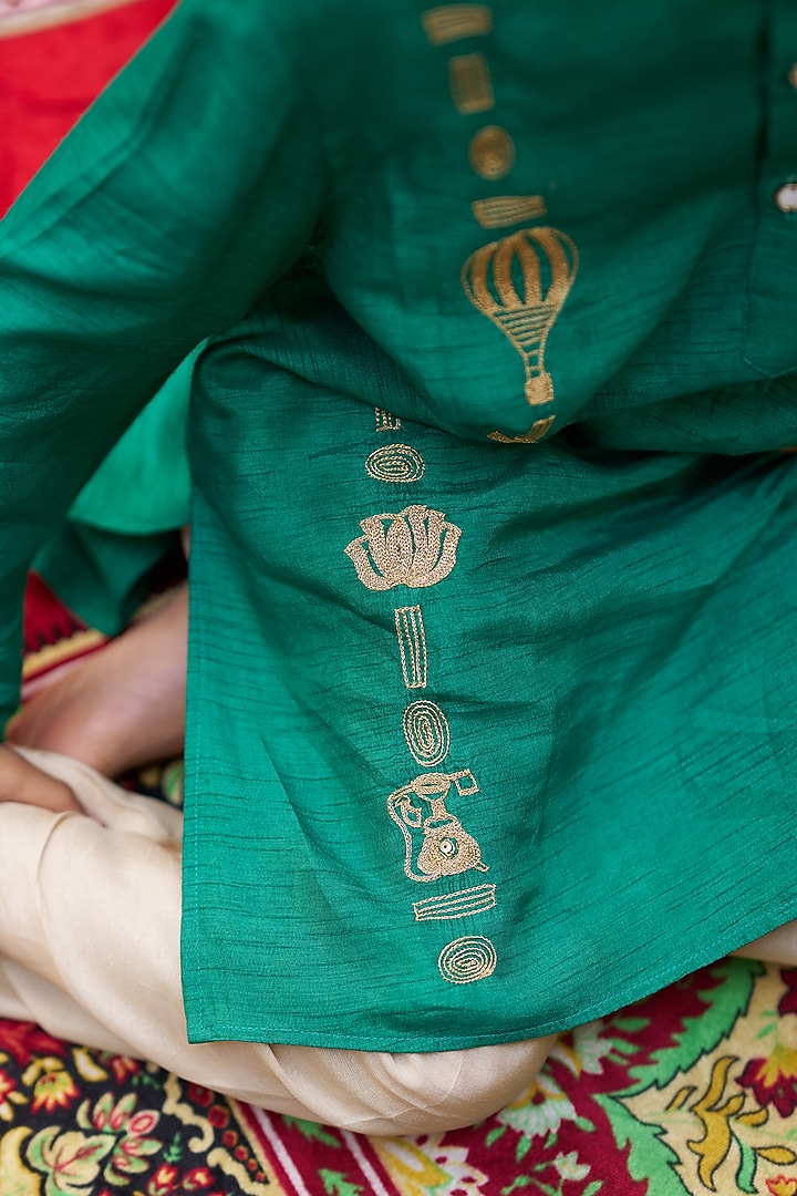 Green Pure Silk Kurta Set For Boys by FUNNY BONES CLOTHINGS at Pernia's Pop Up Shop