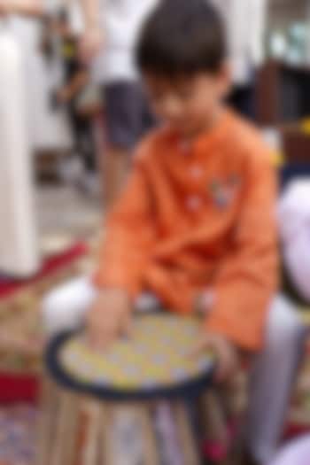 Orange Pure Silk Hand Embroidered Kurta Set For Boys by FUNNY BONES CLOTHINGS at Pernia's Pop Up Shop
