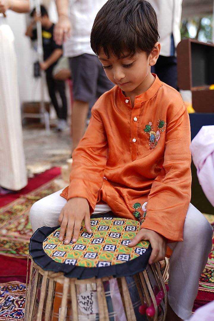 Orange Pure Silk Hand Embroidered Kurta Set For Boys by FUNNY BONES CLOTHINGS at Pernia's Pop Up Shop