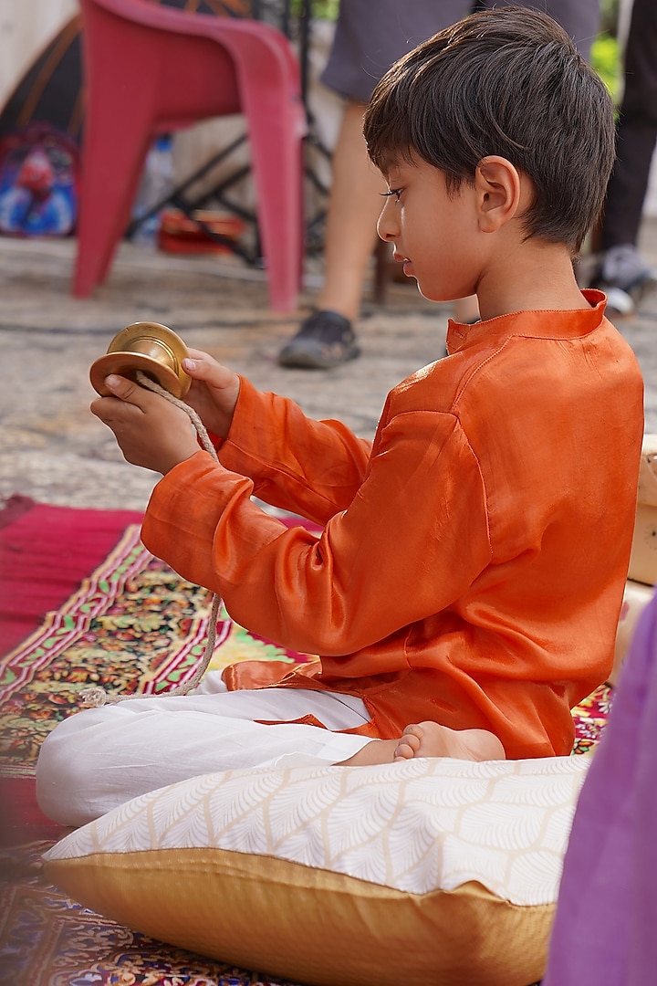 Orange Pure Silk Hand Embroidered Kurta Set For Boys by FUNNY BONES CLOTHINGS at Pernia's Pop Up Shop