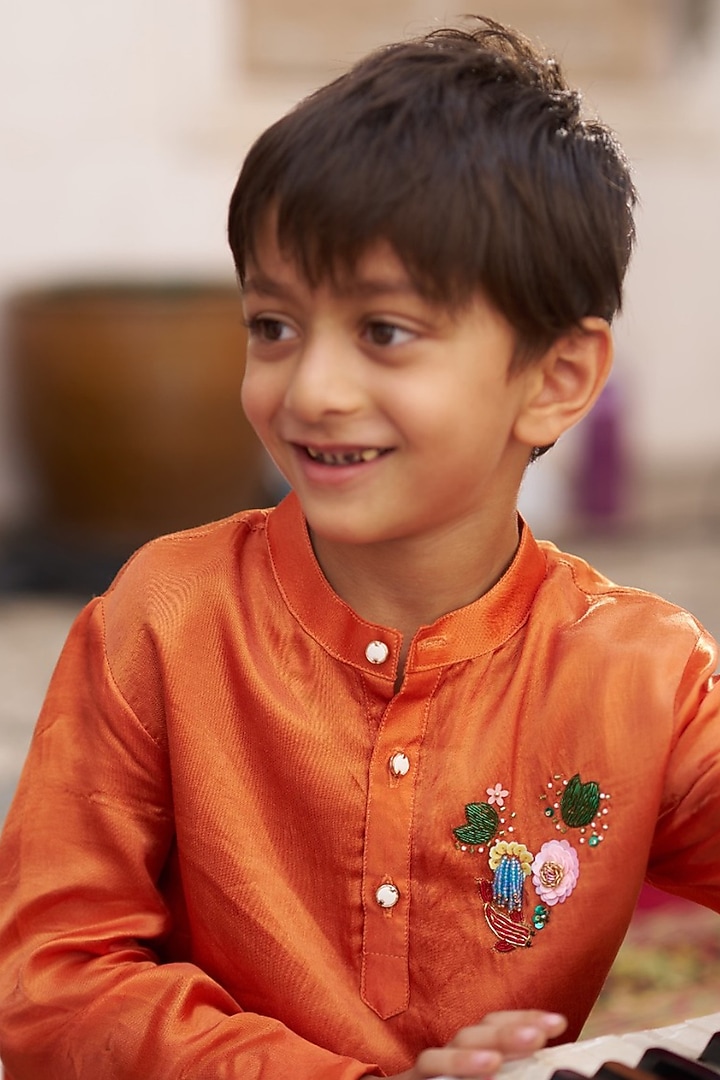 Orange Pure Silk Hand Embroidered Kurta Set For Boys by FUNNY BONES CLOTHINGS at Pernia's Pop Up Shop