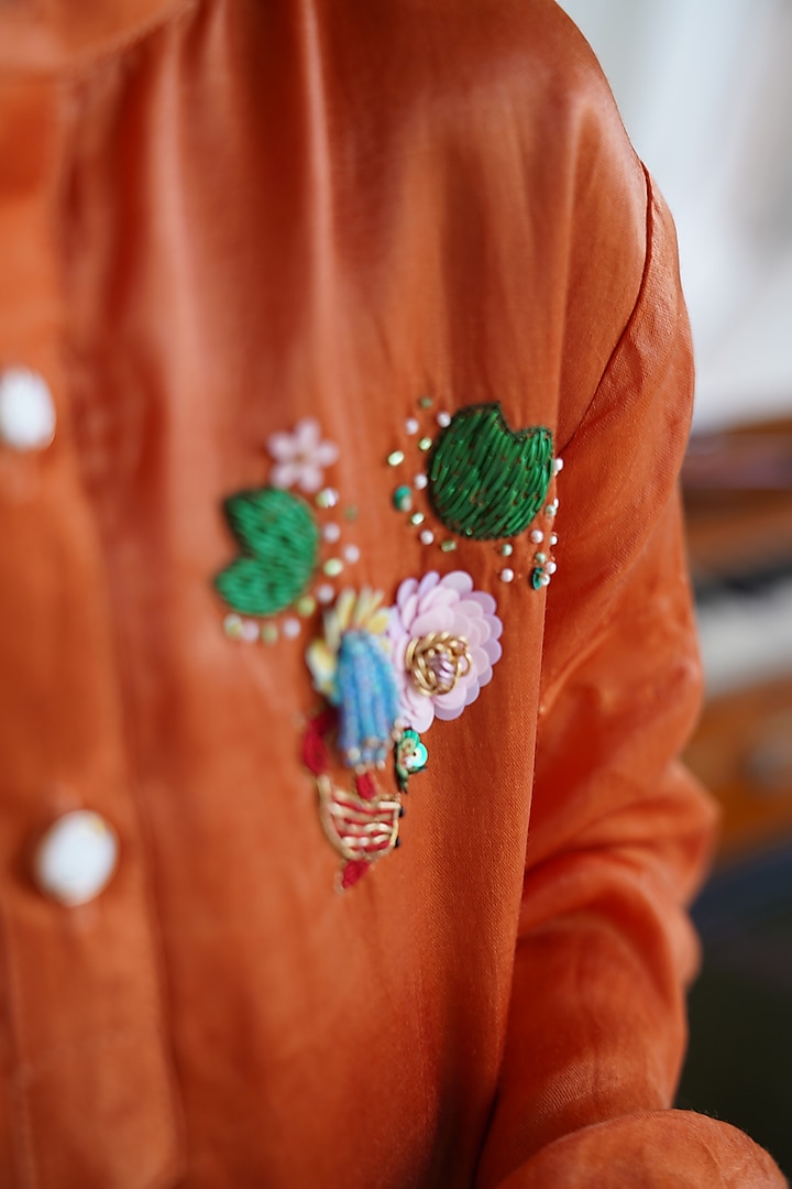 Orange Pure Silk Hand Embroidered Kurta Set For Boys by FUNNY BONES CLOTHINGS at Pernia's Pop Up Shop