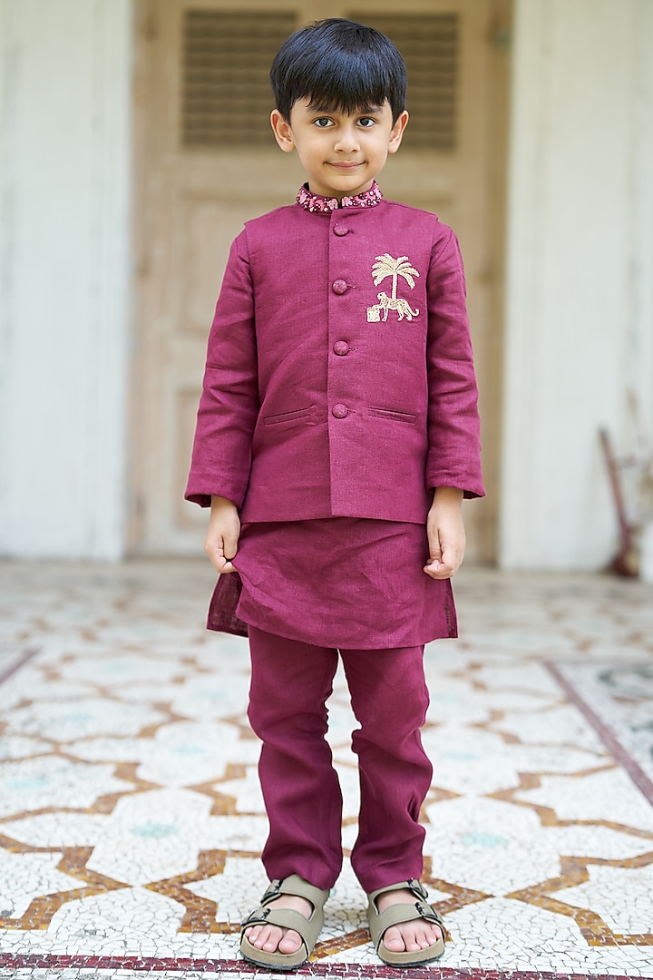 Maroon Linen Bundi Jacket set Boys by FUNNY BONES CLOTHINGS at Pernia's Pop Up Shop