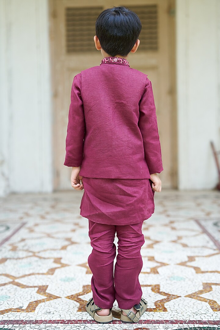 Maroon Linen Bundi Jacket set Boys by FUNNY BONES CLOTHINGS at Pernia's Pop Up Shop