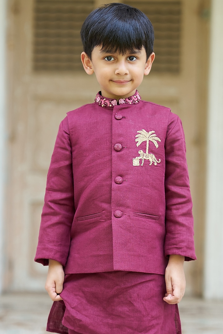 Maroon Linen Bundi Jacket set Boys by FUNNY BONES CLOTHINGS at Pernia's Pop Up Shop
