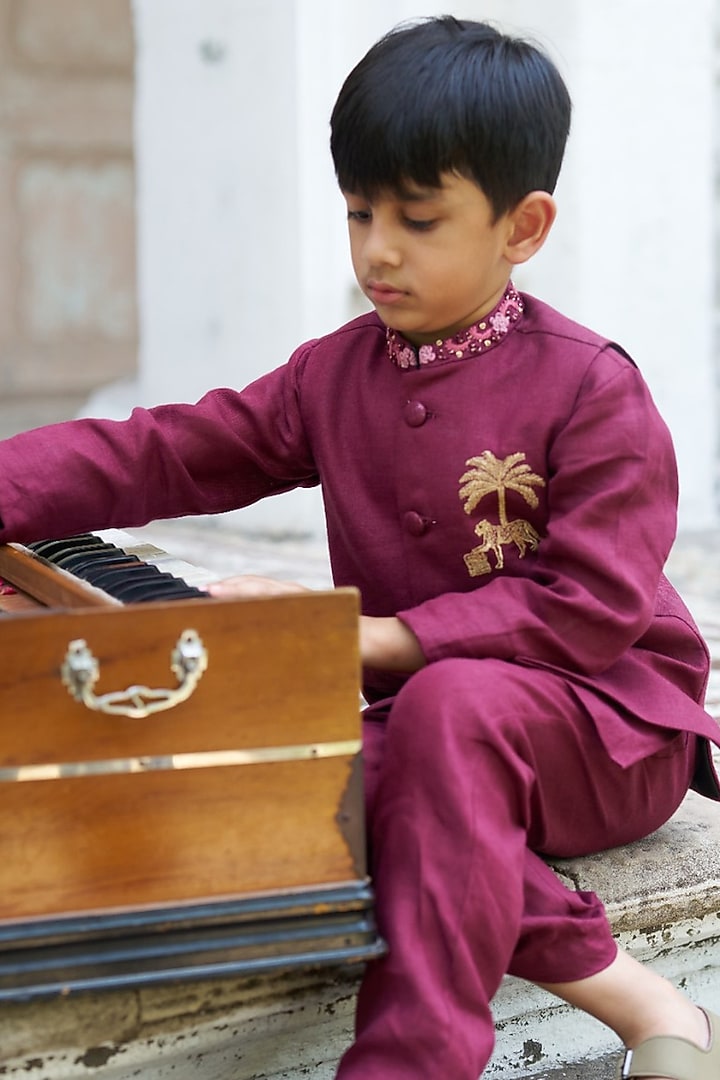 Maroon Linen Bundi Jacket set Boys by FUNNY BONES CLOTHINGS at Pernia's Pop Up Shop