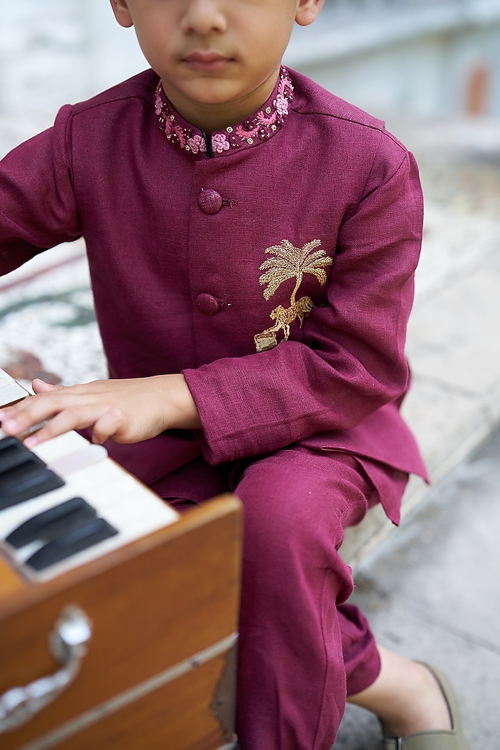 Maroon Linen Bundi Jacket set Boys by FUNNY BONES CLOTHINGS at Pernia's Pop Up Shop