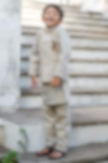 Cream Linen Hand Embroidered Bundi Jacket set Boys by FUNNY BONES CLOTHINGS at Pernia's Pop Up Shop