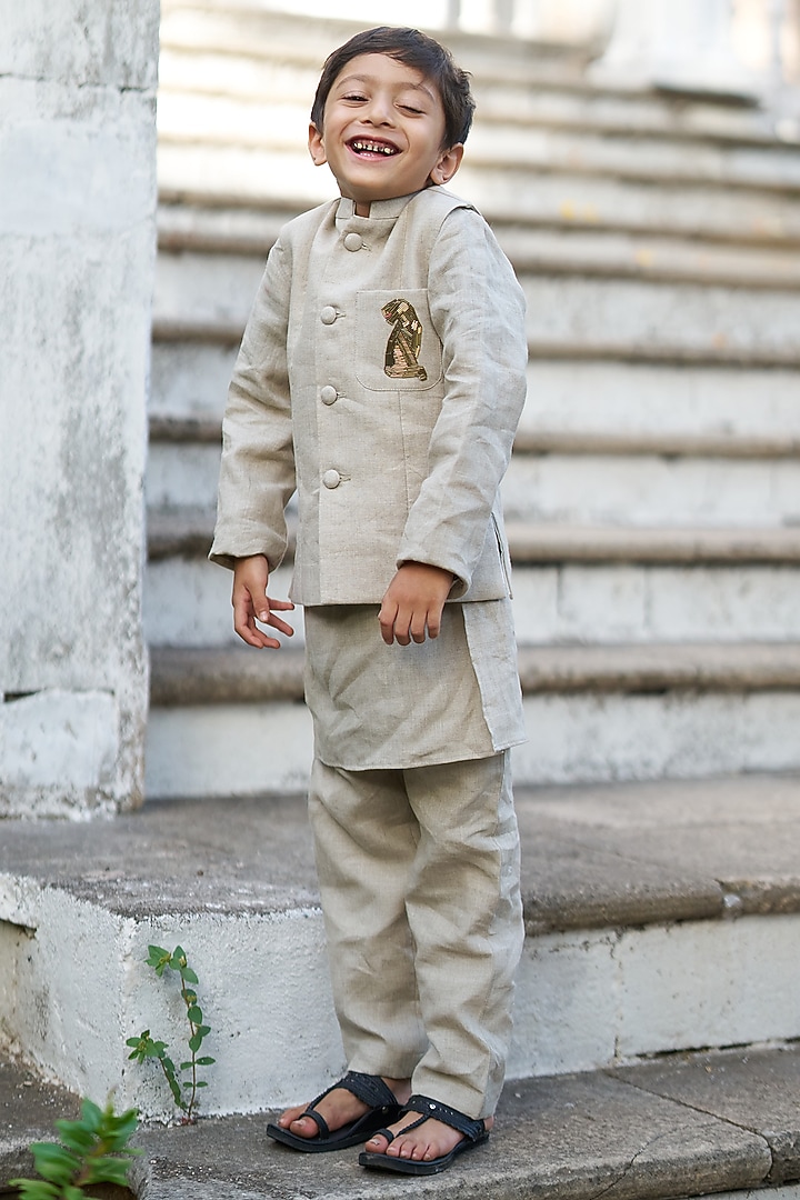 Cream Linen Hand Embroidered Bundi Jacket set Boys by FUNNY BONES CLOTHINGS at Pernia's Pop Up Shop