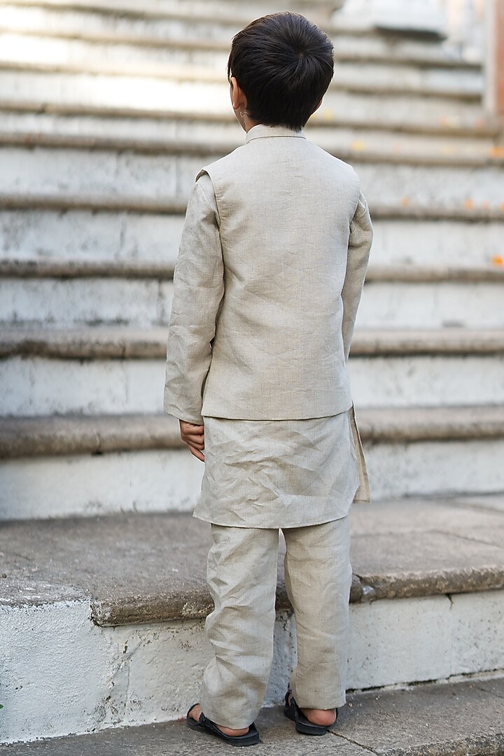 Cream Linen Hand Embroidered Bundi Jacket set Boys by FUNNY BONES CLOTHINGS at Pernia's Pop Up Shop
