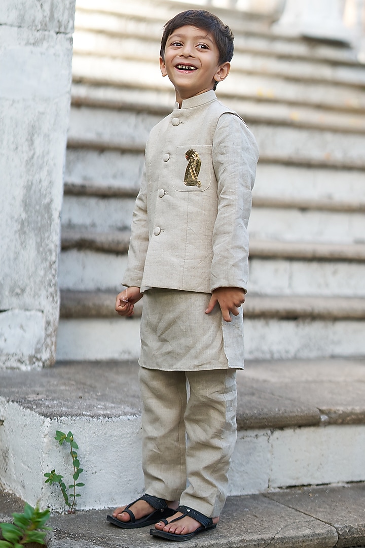 Cream Linen Hand Embroidered Bundi Jacket set Boys by FUNNY BONES CLOTHINGS at Pernia's Pop Up Shop