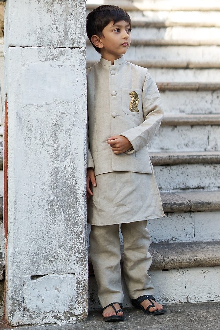 Cream Linen Hand Embroidered Bundi Jacket set Boys by FUNNY BONES CLOTHINGS at Pernia's Pop Up Shop