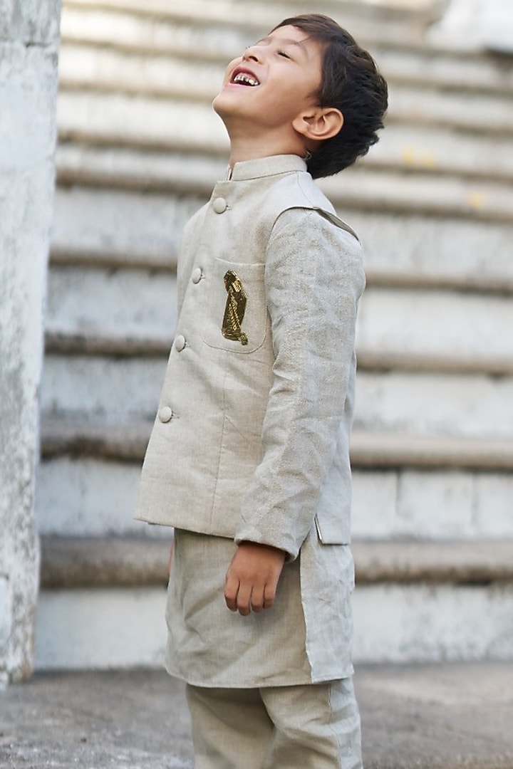 Cream Linen Hand Embroidered Bundi Jacket set Boys by FUNNY BONES CLOTHINGS at Pernia's Pop Up Shop