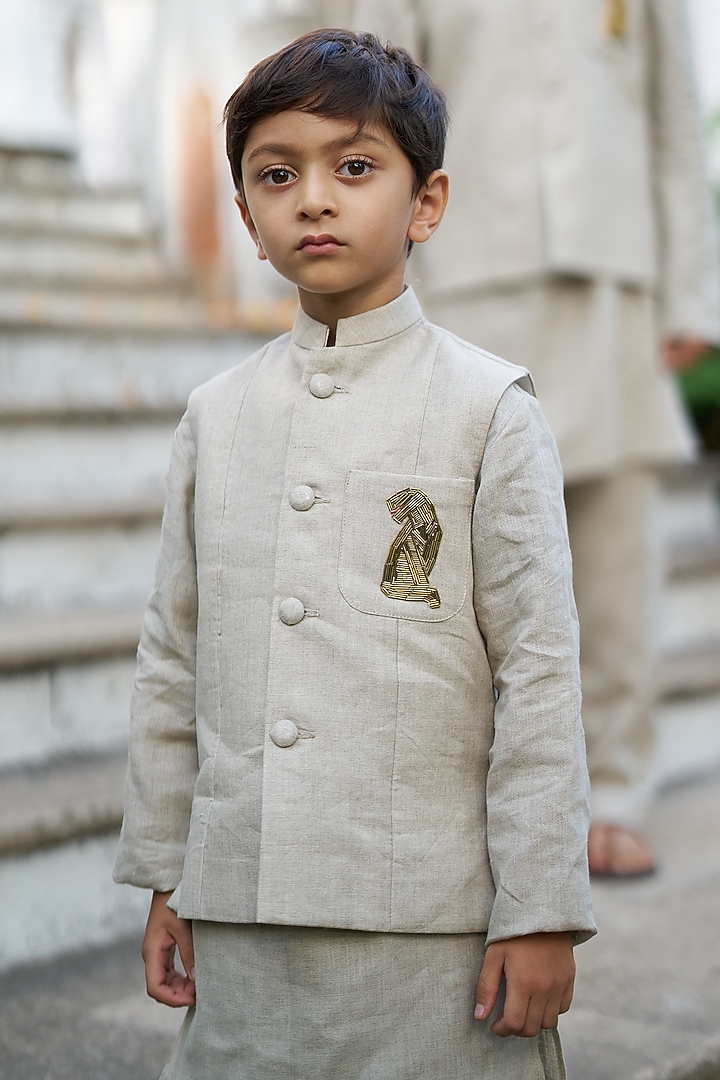 Cream Linen Hand Embroidered Bundi Jacket set Boys by FUNNY BONES CLOTHINGS at Pernia's Pop Up Shop