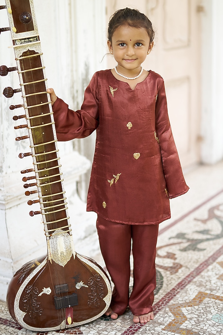 Brown Pure Silk Kurta Set For Girls by FUNNY BONES CLOTHINGS at Pernia's Pop Up Shop