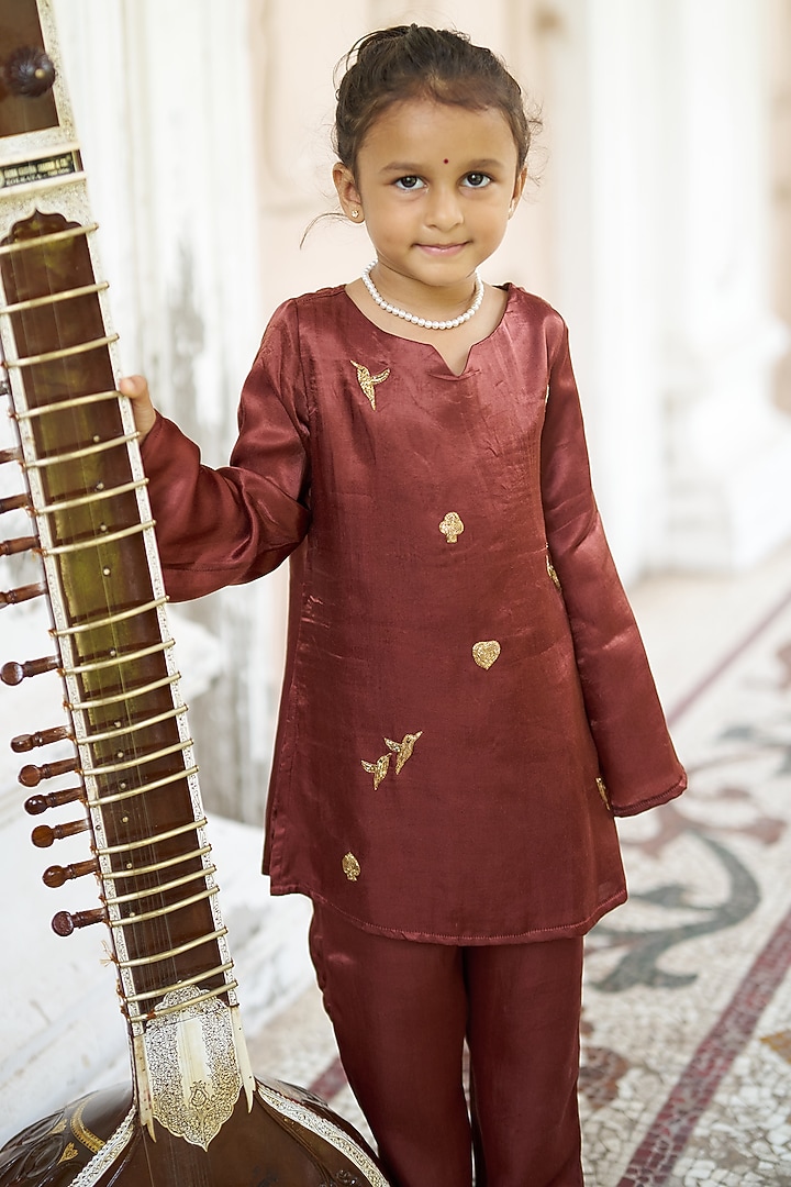 Brown Pure Silk Kurta Set For Girls by FUNNY BONES CLOTHINGS at Pernia's Pop Up Shop
