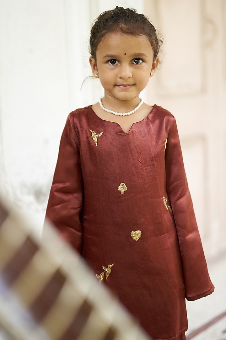 Brown Pure Silk Kurta Set For Girls by FUNNY BONES CLOTHINGS at Pernia's Pop Up Shop