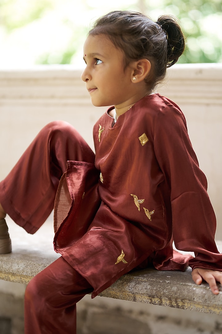 Brown Pure Silk Kurta Set For Girls by FUNNY BONES CLOTHINGS at Pernia's Pop Up Shop