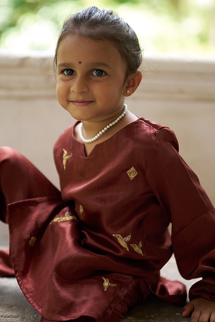 Brown Pure Silk Kurta Set For Girls by FUNNY BONES CLOTHINGS at Pernia's Pop Up Shop