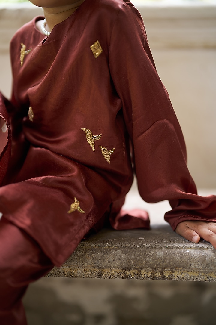 Brown Pure Silk Kurta Set For Girls by FUNNY BONES CLOTHINGS at Pernia's Pop Up Shop