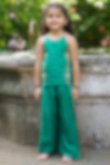 Green Pure Silk Palazzo Set For Girls by FUNNY BONES CLOTHINGS at Pernia's Pop Up Shop