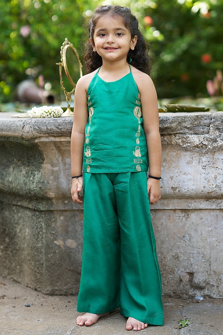 Green Pure Silk Palazzo Set For Girls by FUNNY BONES CLOTHINGS at Pernia's Pop Up Shop