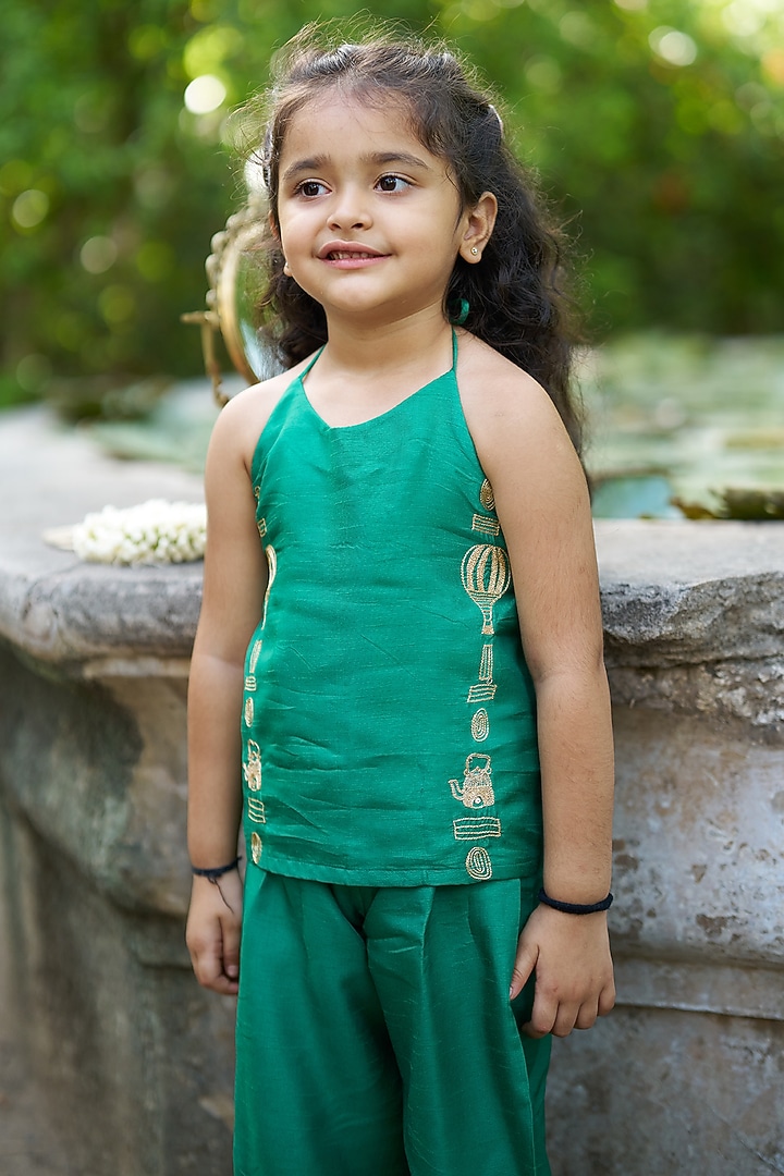 Green Pure Silk Palazzo Set For Girls by FUNNY BONES CLOTHINGS at Pernia's Pop Up Shop