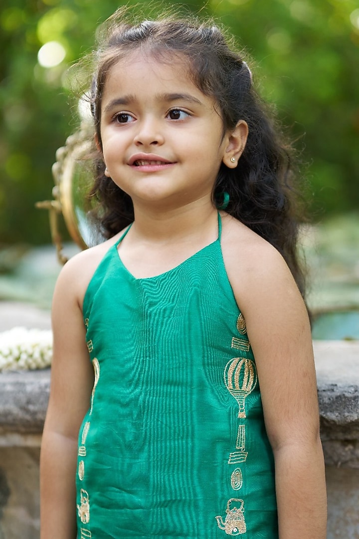 Green Pure Silk Palazzo Set For Girls by FUNNY BONES CLOTHINGS at Pernia's Pop Up Shop
