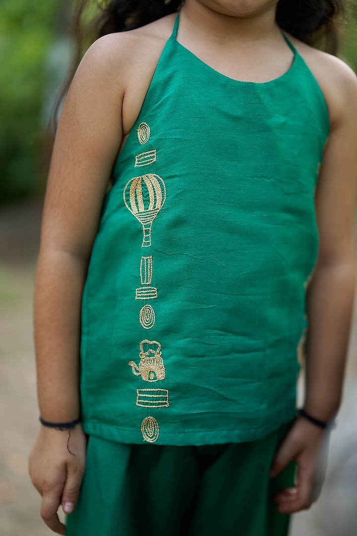 Green Pure Silk Palazzo Set For Girls by FUNNY BONES CLOTHINGS at Pernia's Pop Up Shop