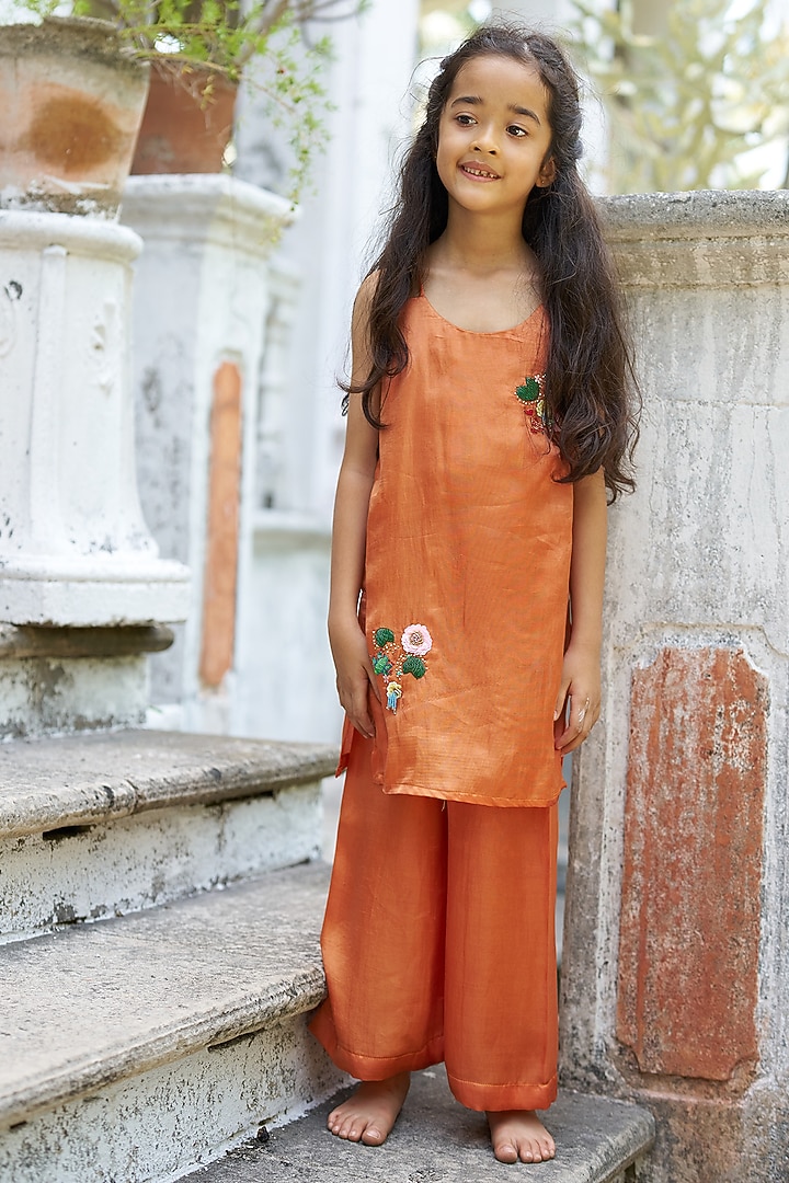 Orange Pure Silk Palazzo Set For Girls by FUNNY BONES CLOTHINGS at Pernia's Pop Up Shop