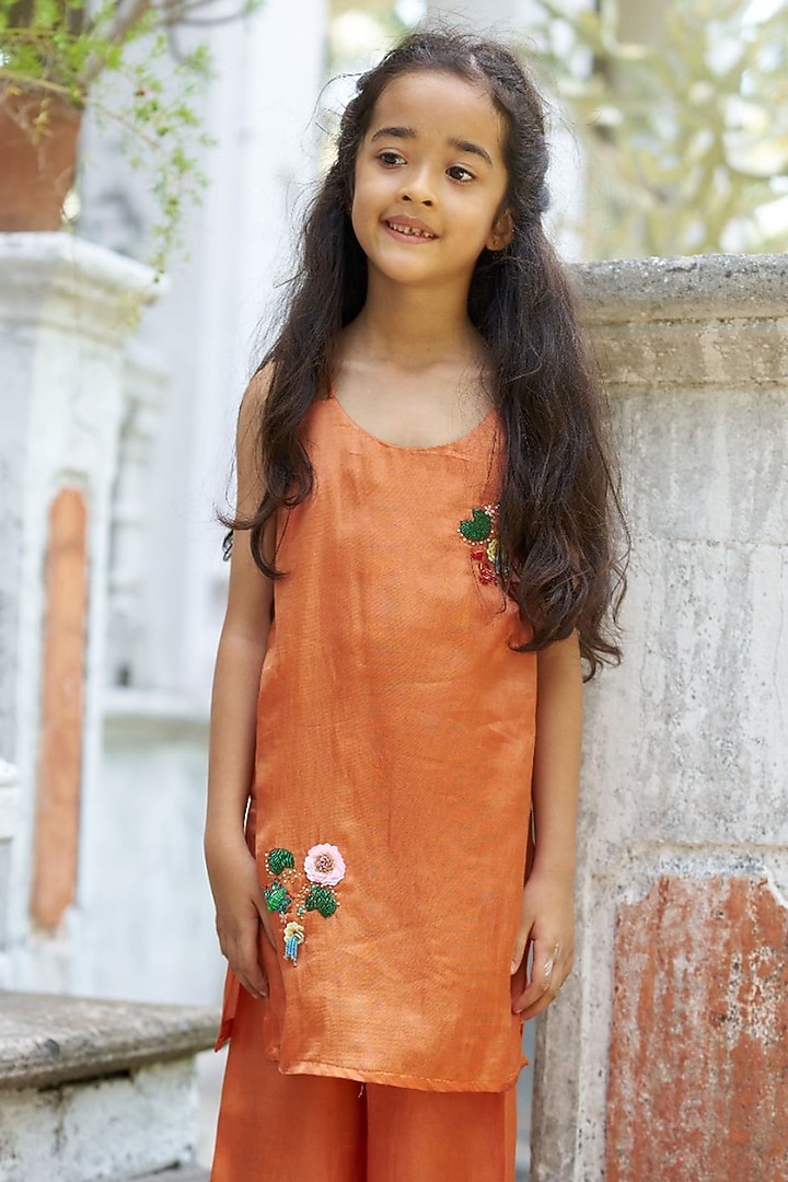 Orange Pure Silk Palazzo Set For Girls by FUNNY BONES CLOTHINGS at Pernia's Pop Up Shop
