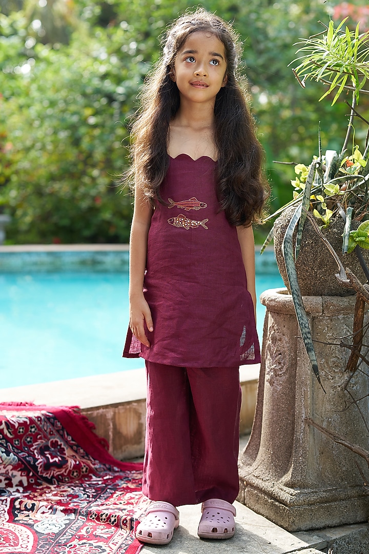Purple Pure Linen Palazzo Set For Girls by FUNNY BONES CLOTHINGS at Pernia's Pop Up Shop