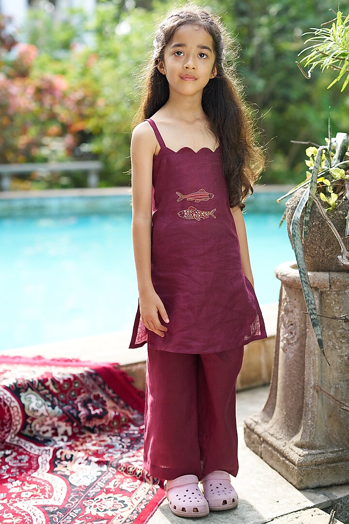 Purple Pure Linen Palazzo Set For Girls by FUNNY BONES CLOTHINGS at Pernia's Pop Up Shop