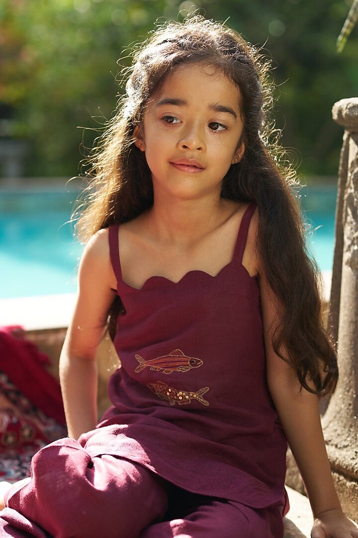 Purple Pure Linen Palazzo Set For Girls by FUNNY BONES CLOTHINGS at Pernia's Pop Up Shop